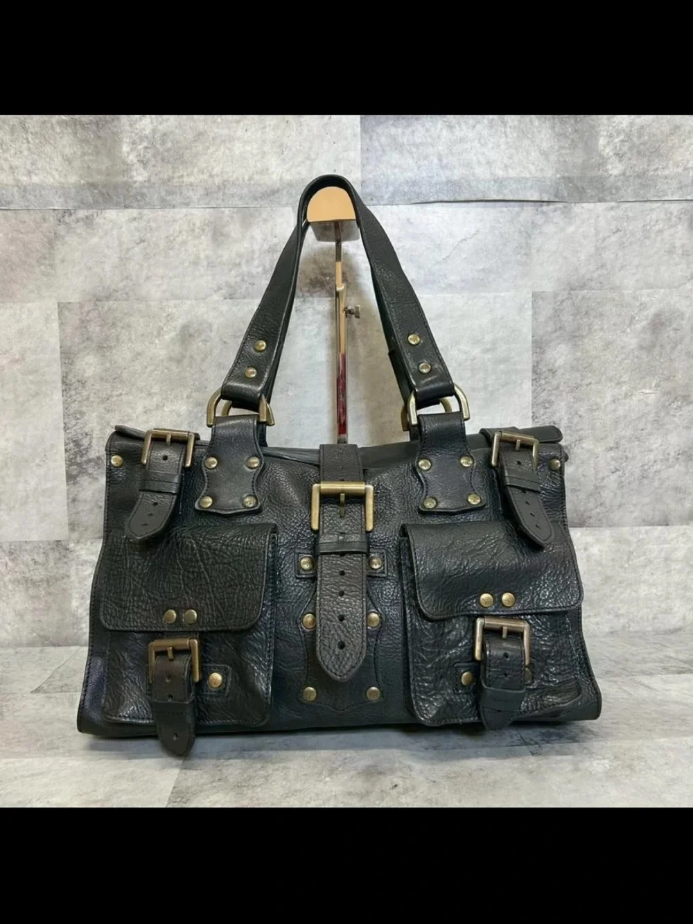 Mulberry Black Pebbled Leather Buckle Satchel with Brass Hardware